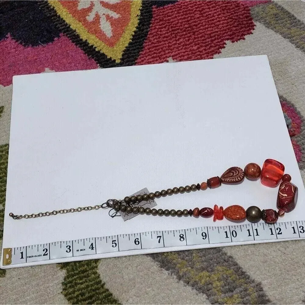 Treska Womens Chunky Beaded Statement Necklace Orange Red Bronze Earthy Boho NWT
